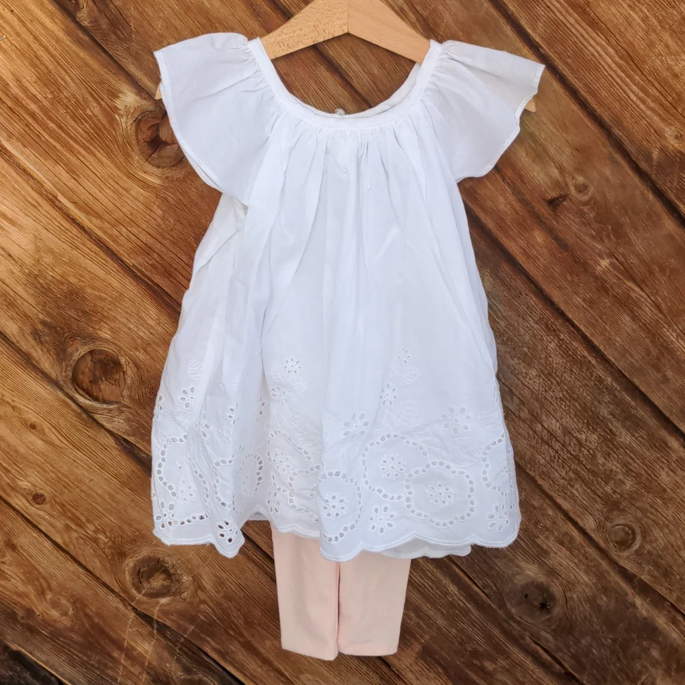 Tahari Dress white baby eyelet set pink leggings 6-9m - Picture 8 of 9